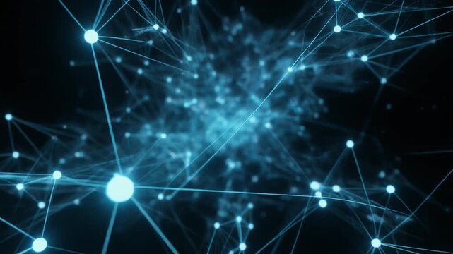 Blue glowing network of interconnected nodes and lines on dark background, symbolizing data flow, neural connections, and digital communication.