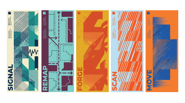 Abstract geometric poster set with brutalist typography, set of 5 vertical vector banners, modern graphic design layouts for events and branding