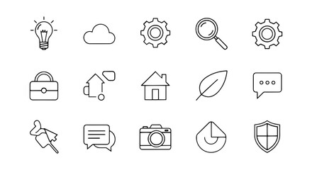 Fototapeta premium Minimalist Line Icons: Idea, Cloud, Gear, Search, Home, Leaf, Chat, Camera, Security