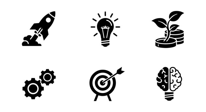 Business Idea Icons Set: Rocket Launch, Lightbulb Innovation, Growth Coins, Gears, Target, Brain