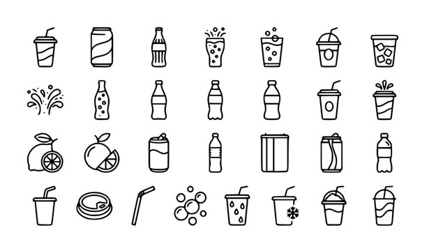 Cold Soda Outline Icon Set Editable Vector Collection Isolated on White Background