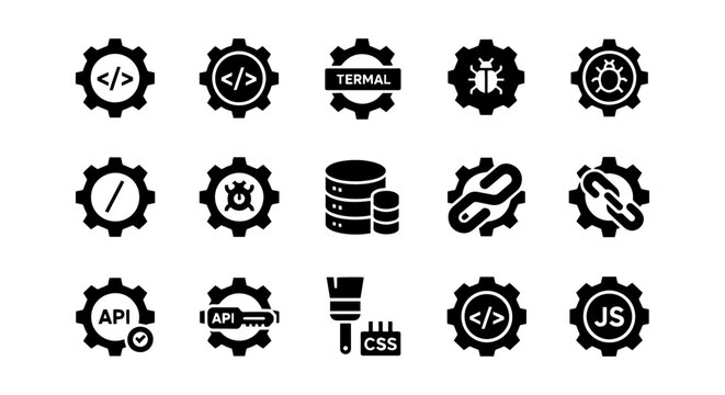 Coding Gear Icons Set, Software Development Tools, Technology Symbols, Programming Elements, Web Design Assets