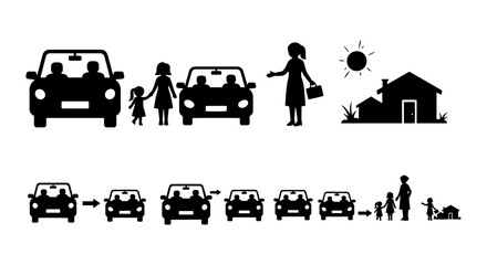 Fototapeta premium Family Car Travel Icons, Silhouette People and Vehicles, Journey Stages, Simple Black and White Vector Set