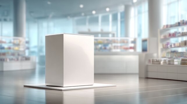 Clean white box on display in bright commercial interior with shelves