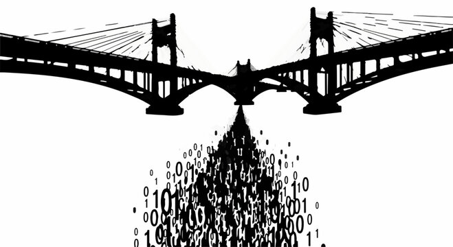 Digital bridge connecting abstract data streams on white background