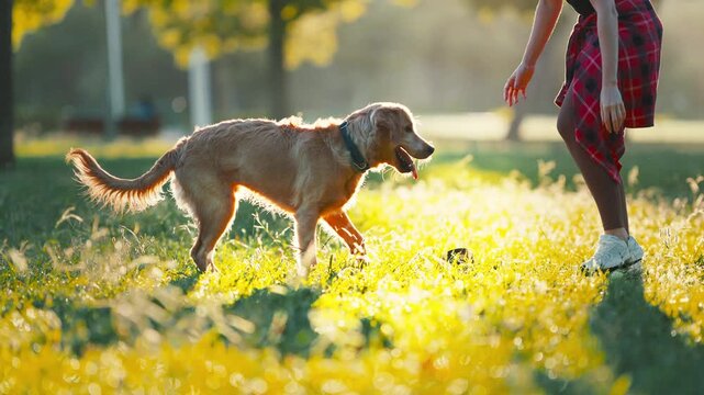 Girl plays fetch with golden retriever in park during sunny afternoon