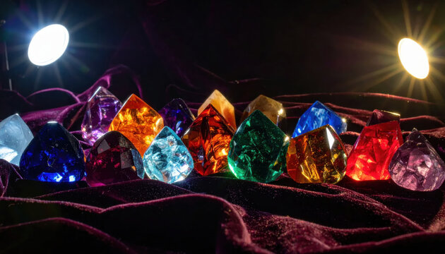 Assortment of Vibrant Multifaceted Gemstones Displayed on Luxurious Dark Fabric