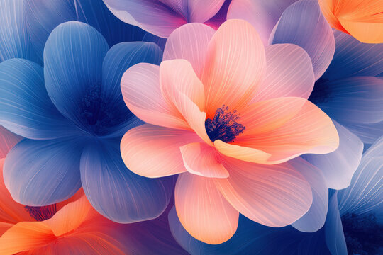 Abstract floral design with vibrant colors and delicate petal details. This beautiful artwork features a close-up view of stylized flowers with a soft, dreamy aesthetic