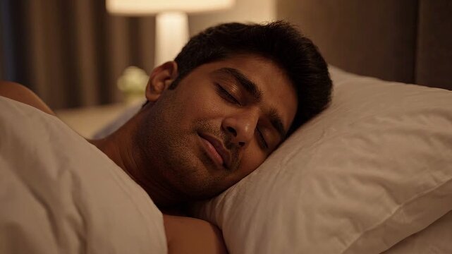 Serene Sleep A man sleeps soundly his face at peace on a comfortable pillow enveloped by the quiet comfort of a dimly lit bedroom evoking a sense of calm and rest