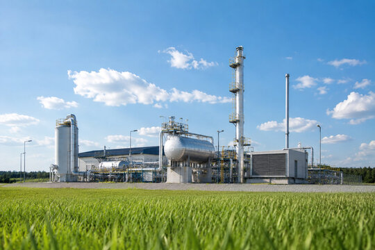 Modern  plant with green meadow under bright blue spring sky, clean energy in harmony with nature
