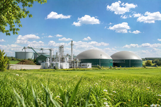 Modern biomethane production plant surrounded by green fields under bright blue summer sky