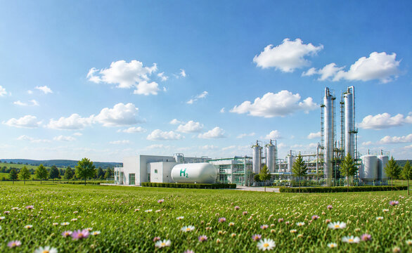 Modern green hydrogen production facility surrounded by lush meadow under bright blue sky