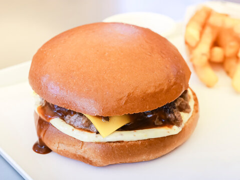 A appetizing close-up of a cheeseburger with sauce, presented on a white plate with a side of fries