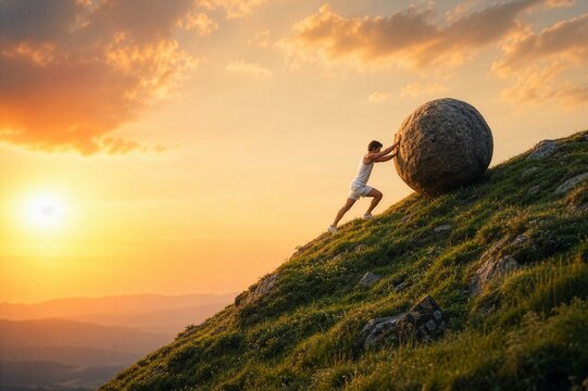 A man is putting forth great effort to roll a large boulder up a mountain slope. An image of challenge symbolizing sustained effort. Business concept. Copy space included