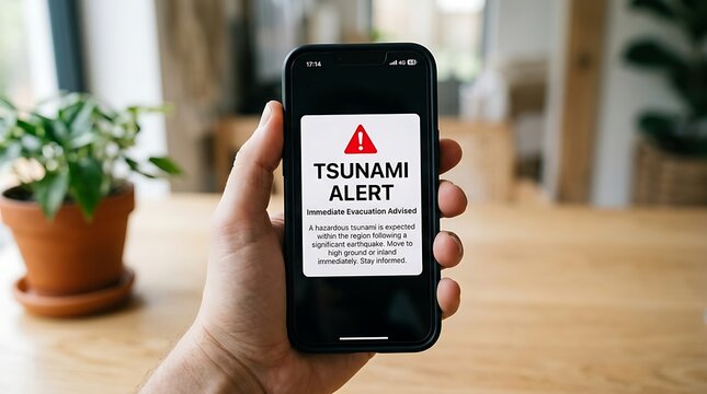 Hand holding smartphone displaying a tsunami alert warning notification on screen