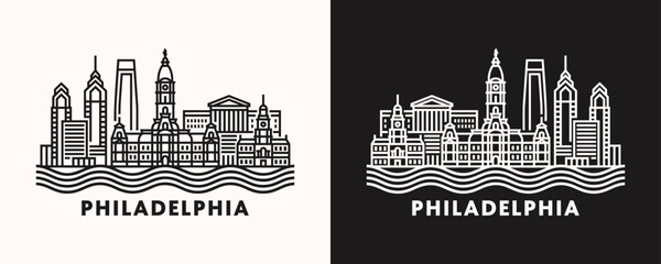 Philadelphia Pennsylvania City Skyline Linear Illustration set in Black and White styles © Quivr