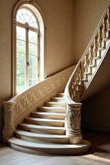 Obraz premium Staircase with ornate stone balustrade and curved railings, stone details, curved staircase, san sebastian architecture