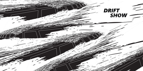 Drift background monochrome with texture wheel marks and drift in skidding, rounded tire marks. Vector isolated texture. Drift background illustration © albaihaki