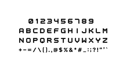 Obraz premium Digital Display of Alphanumeric Characters and Symbols in a Pixelated Font Style Featuring Typeface, Letters, Numbers with Signs