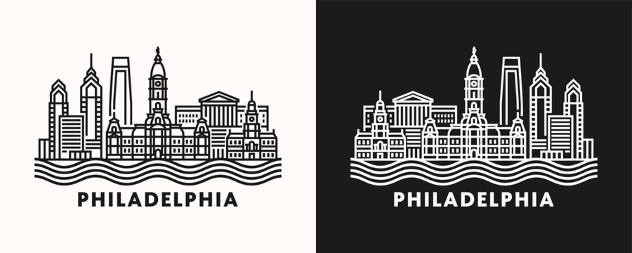 Philadelphia Pennsylvania City Skyline Linear Illustration set in Black and White styles