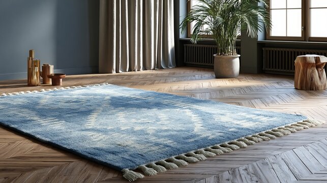 Aerial view of a modern living room with a large blue area rug and natural light