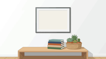 Fototapeta premium Home interior decor with empty picture frame books and succulent arrangement.