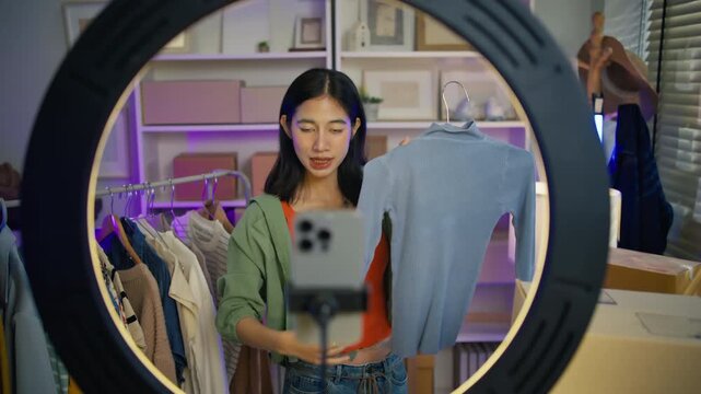 Young Asian woman fashion entrepreneur live streaming selling clothes online with smartphone ring light and laptop in home studio, representing small business owner and professional women.