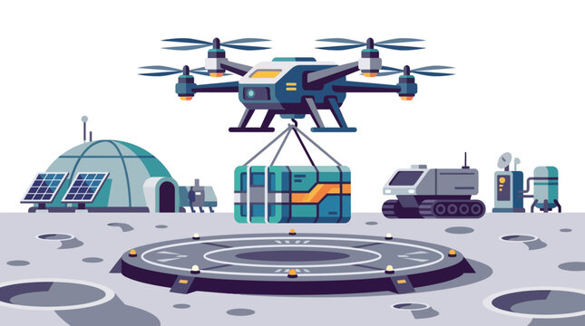Advanced cargo drone delivering shipping container to lunar base landing pad flat vector illustration.