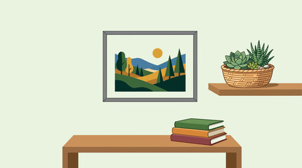 Fototapeta premium Minimalist home interior illustration with landscape wall art and potted succulents.