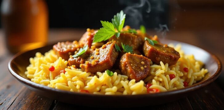 Steaming hot mutton biryani with aromatic spices and fragrant basmati rice , steamed, rice, meal
