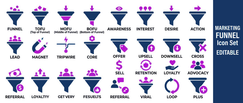 Marketing funnel icon set for business strategy and sales growth