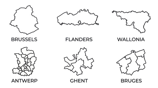 Linear map silhouettes of belgian regions and major cities
