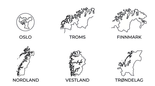 Minimalist map outlines of norwegian counties and regions
