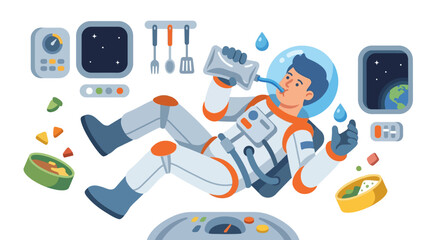 Naklejka premium Astronaut drinking water in zero gravity inside spaceship kitchen with Earth view flat vector illustration