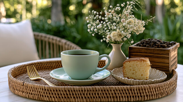 Coffee cup saucer cake plate wicker tray outdoor cafe table wicker tray with coffee cup cake and flower vase outdoor cafe table morning sunlight