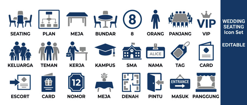 Wedding seating and event arrangement floor plan icon set