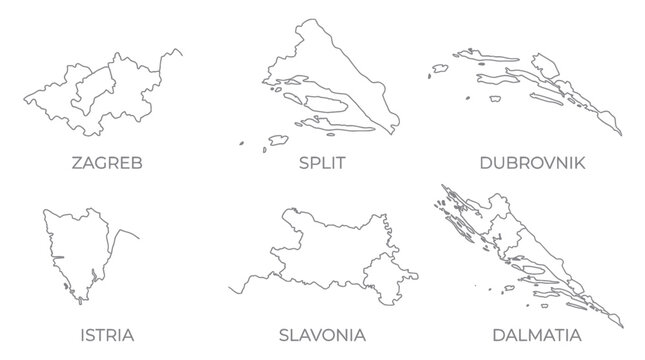 Set of croatian city and regional borders in minimalist line style