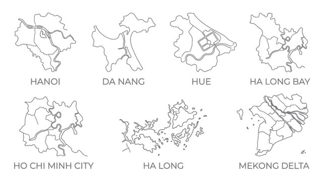Minimalist map outlines for vietnam cities and provinces