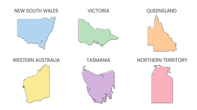 Colorful australian states and territories map icons with labels