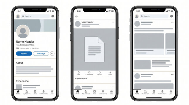 LinkedIn corporate profile template. Social media business page mockup with feed and post views. Professional network mobile app UI vector interface.