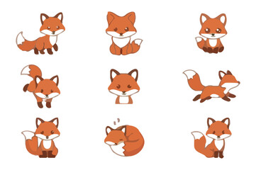 Fototapeta premium Foxes illustrated in a cute cartoon style display a collection of playful and resting behaviors.