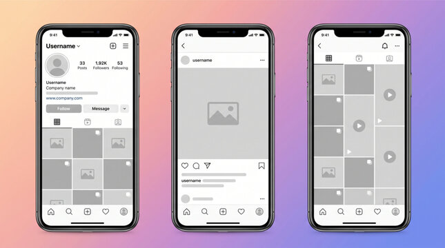 Instagram social media profile mockup. App interface template on smartphone screens with feed, post and reels views. Modern UI design layout. Vector