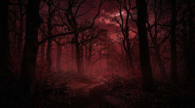 Eerie dark forest with red sky and twisted tree branches.