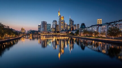 Obraz premium City skyline illuminated at dusk reflecting in calm water