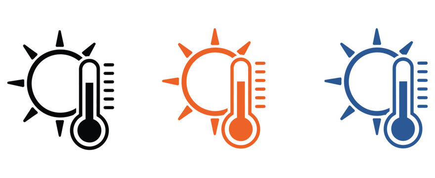 Sun and thermometer symbols icon set for hot temperature measurement and weather condition indicators vector illustration for climate and forecasting design.