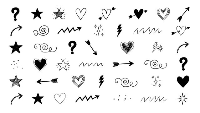Symbols Featuring Hearts, Stars, Arrows, and Question Marks in a Doodle Style Featuring Illustration, Design, Vector with Graphic