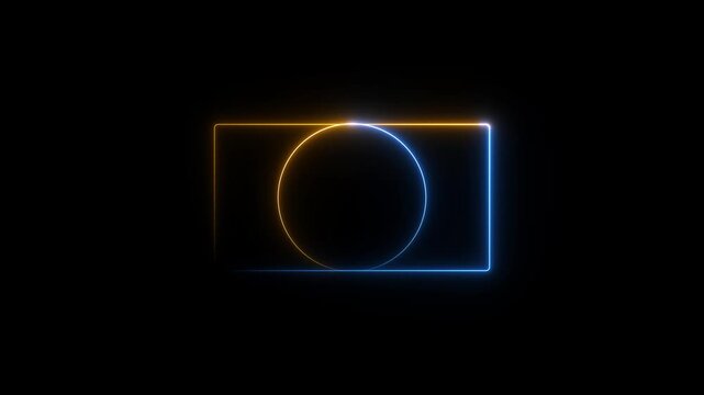Neon rectangle and circle light frame animation isolated on black background.