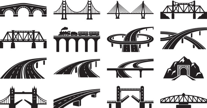 Set of bridge and highway icons featuring various architectural structures and road designs in black silhouette style