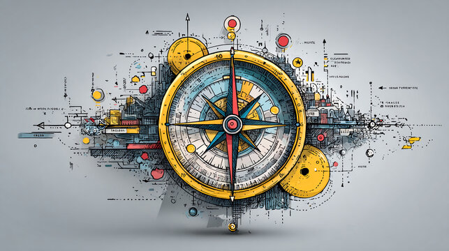 Corporate roadmap direction concept with compass orientation symbol, milestone route markers, strategy alignment framework, enterprise planning structure, growth objective pathway