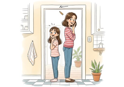 A heartwarming illustration of a mother and daughter measuring their height together in a cozy kitchen setting